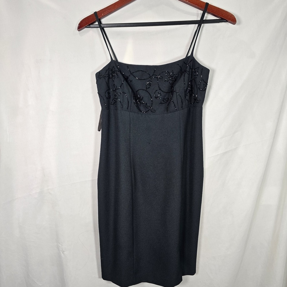 Vintage Hugo Buscati Black Mini Dress Y2K Dress Size 4P 2000s Beaded Embellish - Picture 1 of 6